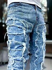 大码男士时尚提花流苏牛仔裤，Emo 风格 - 藍色 - 查看 3