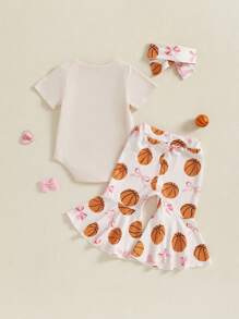 Ropa de verano para niñas, mono de manga corta con cuello redondo, pantalones acampanados con estampado de baloncesto y diadema - Caqui - Ver 3