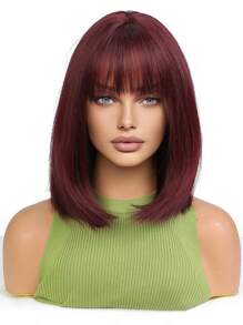 Comfortable 14-Inch Long Bangs Wine Red Short Straight Hair Synthetic Heat-Resistant Fiber Wig Women's Wig Perfect For Holiday Party Everyday Wear