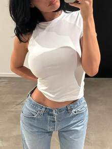 女式简约不对称扭结白色修身休闲短袖 T 恤 - 白色 - 查看 3