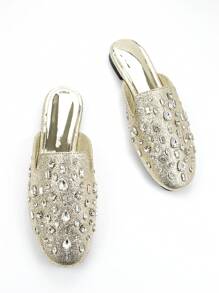 Fall/Winter Women's Fashion Fully Rhinestone Decor Gold Metallic Material Comfortable Square Toe Flat Mule Shoes, For Daily Wear And Party - Gold - View 1