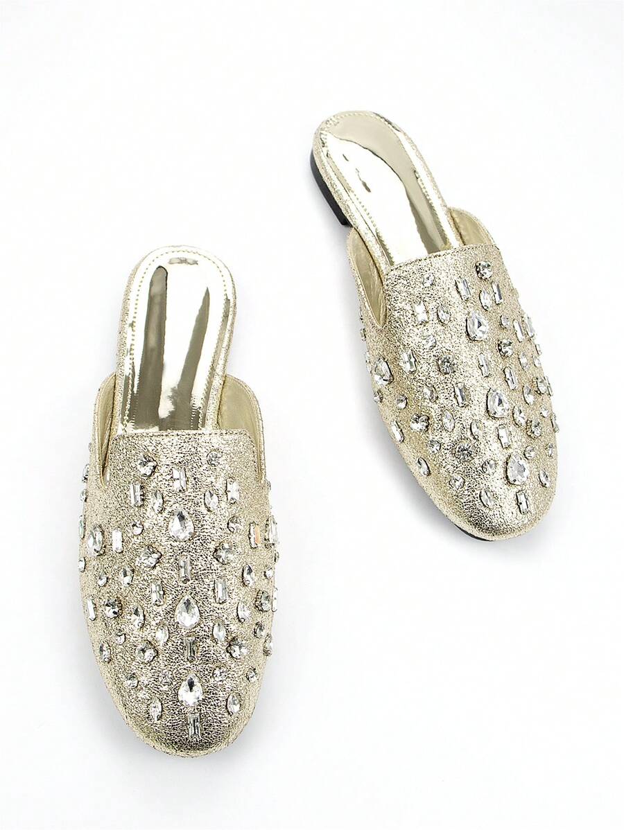 Fall/Winter Women's Fashion Fully Rhinestone Decor Gold Metallic Material Comfortable Square Toe Flat Mule Shoes, For Daily Wear And Party - Gold - View 1