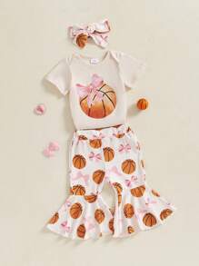 Ropa de verano para niñas, mono de manga corta con cuello redondo, pantalones acampanados con estampado de baloncesto y diadema - Caqui - Ver 2