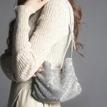 Luxury Designer Wallet And Handbag Set: Sparkling Rhinestone Embellished Clutch Purse And Minimalist Chain Shoulder Bag - Silver - View 4