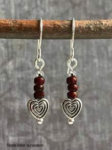 2pcs Fashionable Elegant Natural Stone & Metal Multi-Color Heart Beaded Spiral Earrings Pendants, Suitable For Parties, Casual Outfits And Daily Wear