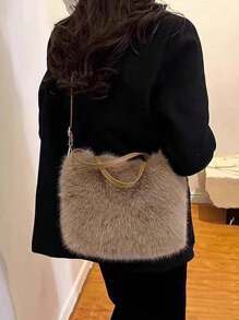 时尚毛绒横款方形毛绒包，都市简约磁扣开口大容量日常手提包斜挎包 - 咖啡棕 - 查看 1