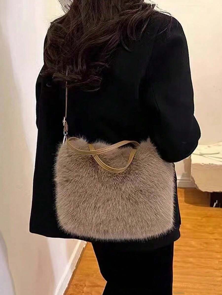 时尚毛绒横款方形毛绒包，都市简约磁扣开口大容量日常手提包斜挎包 - 咖啡棕 - 查看 1