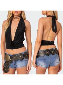 Women's Halter Neck Cami Tops Sleeveless Open Back Deep V Neck Slim Fit Tank Tops Party Club Nightwear - màu đen - Xem 2