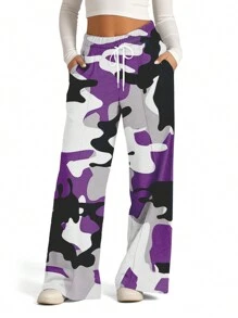 Women's Spring Summer Baggy Pants Drawstring Camouflage Loose Fit Wide Leg Trousers - 紫色 - 查看 1