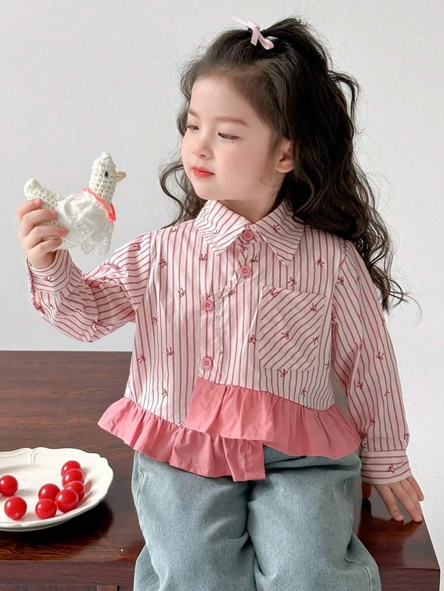 Young Girls' Fashion Vertical Striped Asymmetrical Design Blouse, Spring/Autumn - Pink - View 1