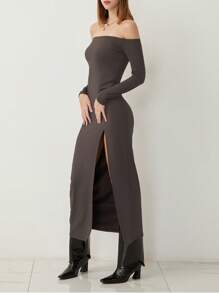 Women's  Summer  Slin Fit Off-Shoulder Long Dress Solid Color Long Sleeve High Slit Backless Dress - Dark Grey - View 9
