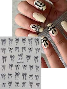 FULL BEAUTY 5 piezas Pegatinas de arte de uñas con lazos blancos y negros adorables, calcomanías de uñas autoadhesivas con diseños de moños para boda, decoraciones de uñas DIY, suministros de manicura - Multicolor - Ver 3