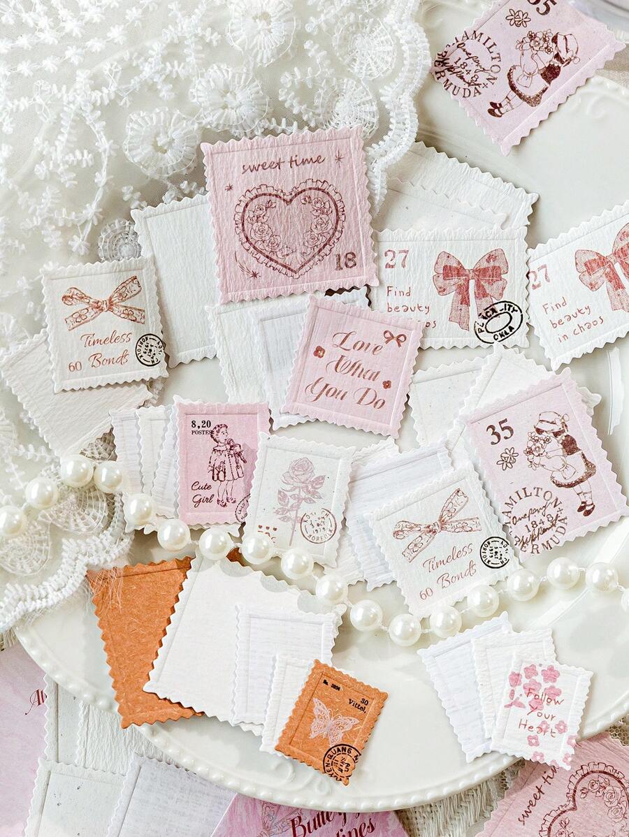 MOCARD 20 miếng/gói nhãn dán tem nổi cổ điển, nhãn dán thẩm mỹ sáng tạo để làm sổ lưu niệm, đồ trang trí tự làm, quà tặng ngày lễ, văn phòng phẩm cá nhân hóa, đồ dùng học tập, đồ dùng học tập, trở lại trường - Hồng - Xem 1