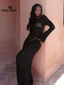 性感镂空喇叭袖黑色针织钩花连衣裙女式夏季时尚泳衣罩衫优雅派对装 - 黑色 - 查看 5