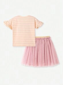 2pcs/Set Girls Outfit - Striped Ruffled Sleeve T-Shirt With Rainbow Embroidery & Pink Tulle Skirt, Cute & Fashionable Summer Outfit - Pink - View 3