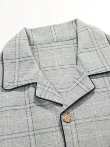 [PONX]男士格子睡衣套装（两件套），短袖开衫上衣和长裤，透气吸湿家居服 - 淺灰色 - 查看 6