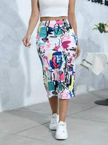 Plus Size Women Abstract Face Print Midi Length Casual Skirt