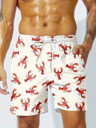 Cartoon Style Lobster Pattern Men's Board Shorts With Drawstring And Pockets, Casual And Shorts For Summer Beach Holiday Leisurewear