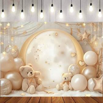 Söt björn- och ballongduschfotografibakgrund - guldfärgad måne, stjärnor och molndesign, lämplig för födelsedagsfester, porträtt, festivaler, fotobakgrund