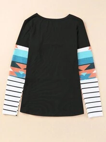 Acelitt 女士圆领长袖休闲几何条纹印花 T 恤