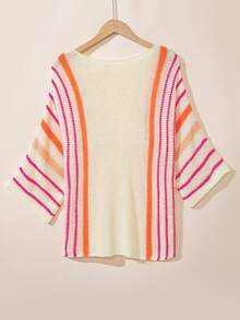Sweater Rajut Longgar Wanita dengan Detail Garis-Garis, Kasual Musim Semi, Warna Putih - Putih - View 5