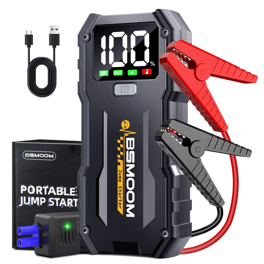 BSMOOM Car Jump Starter, 5000A Portable Car Jump Starter Battery Pack (10.0L Gasoline/8.0L Fuel), 12V Car Battery Jump Starter With Display, Smart Jump Clip, 3 LED Lights