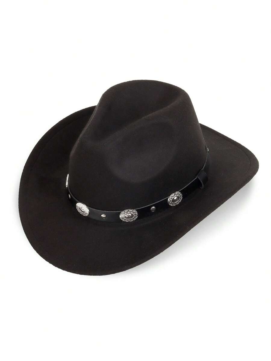 Western Cowboy Cowgirl Hat Wide Brim Classic Fedora Hat With Buckle Belt For Women Men - 黑色 - 查看 1
