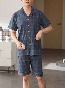 2pcs/Set Men Summer Sleepwear Lightweight Short Sleeve Cardigan Top And Shorts, Breathable Moisture-Wicking Pajama Set