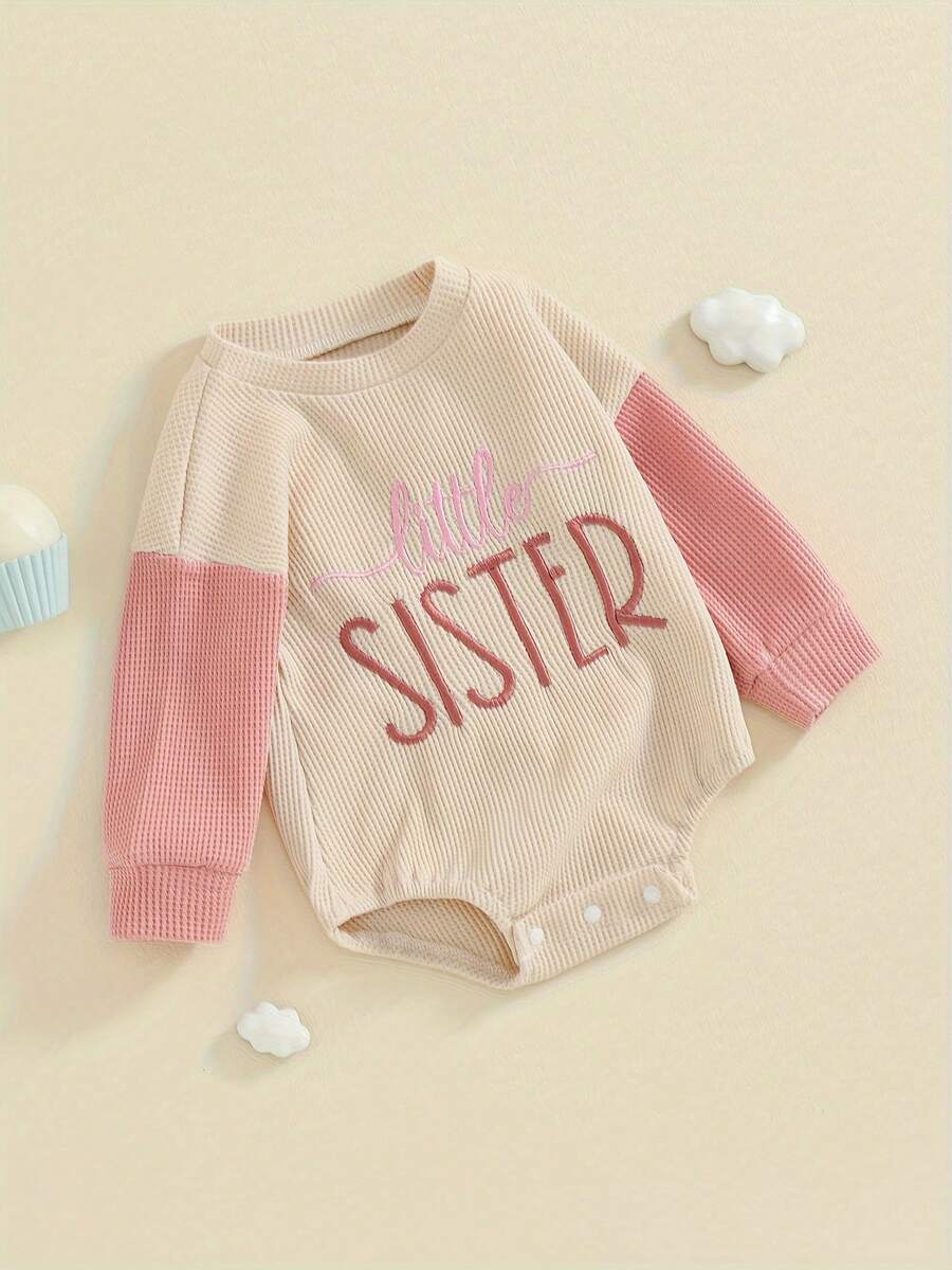 Newborn Baby Girl Clothes Letter Print Romper Waffler Long Sleeve Round Neck Contrasting Colors Summer Adorable Jumpsuit Little Sister Matching Outfits - Pink - View 1