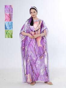 1件几何图案长袍，带披肩领（含1条围巾），适合连衣裙穿着。 - 彩色 - 查看 5