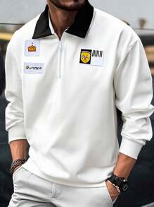 Men's Letter Embroidery Long Sleeve Casual POLO Shirt