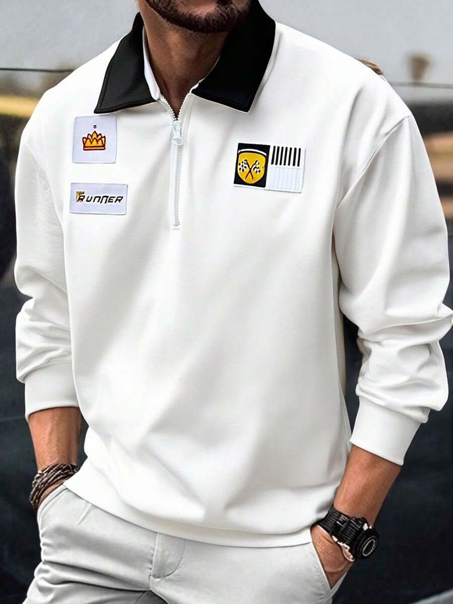 Men's Letter Embroidery Long Sleeve Casual POLO Shirt