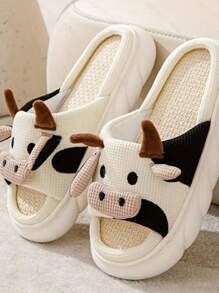 Modelos para hombre y mujer de zapatillas de casa de algodón y lino, zapatillas de casa de dibujos animados de vaca - Beis - Ver 6