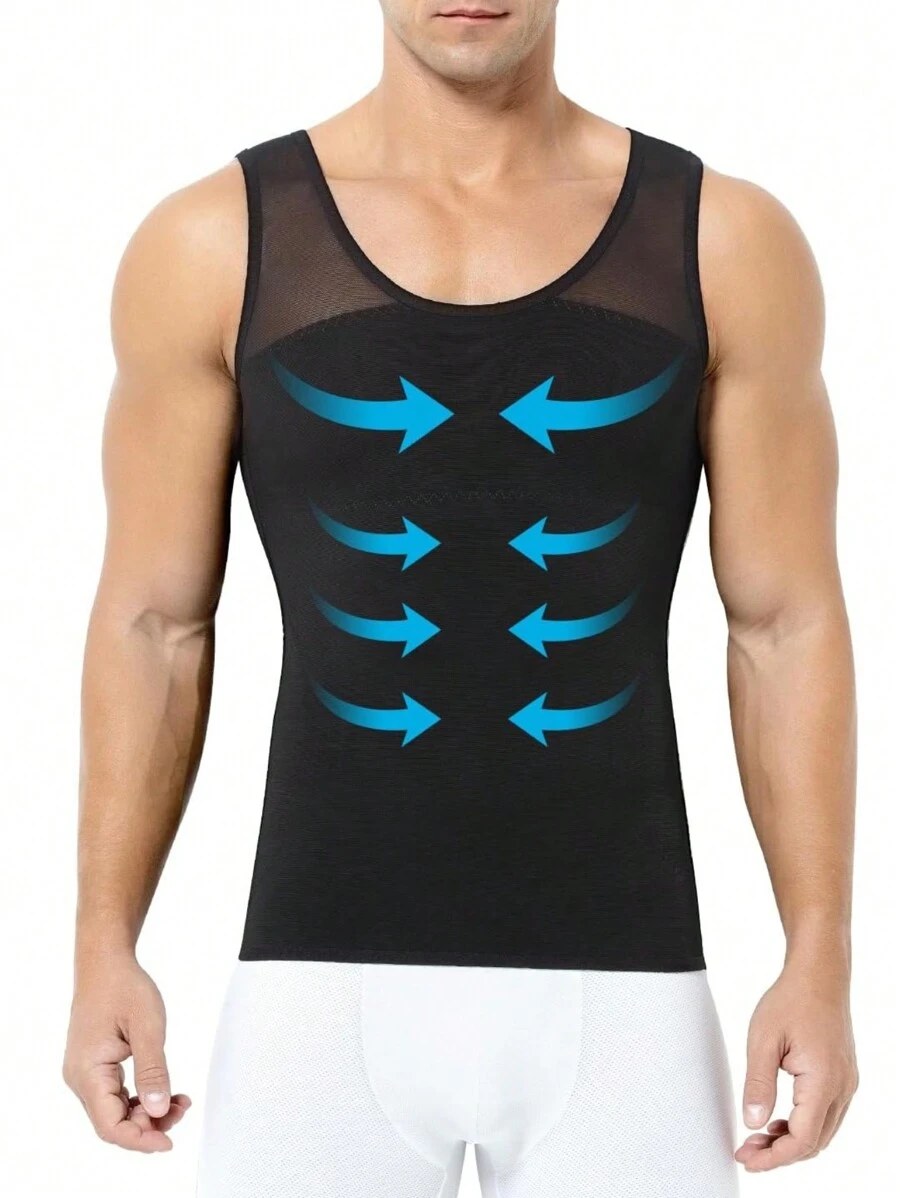 Men Breathable Mesh Chest Binder Tank Gynecomastia Compression Shirt To Hide Man Boobs Moobs Shaper Slimming Shapewear Shirt Singlet Dad Bod Sports Gym Workout - Black - View 1