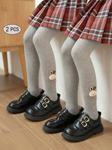2pcs Girls Kids Striped Leggings, Solid Black And Grey, Cable Knit Pattern Footed Tights With Cute Rabbit Decor, Comfortable & Versatile For Daily Wear, Suitable For Spring, Autumn, All Season - Multicolor - View 6