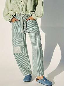Women Striped Pants, Elastic Waist Drawstring Patchwork Wide Leg Pants Loose Trousers with Pockets - Verde - Ver 2