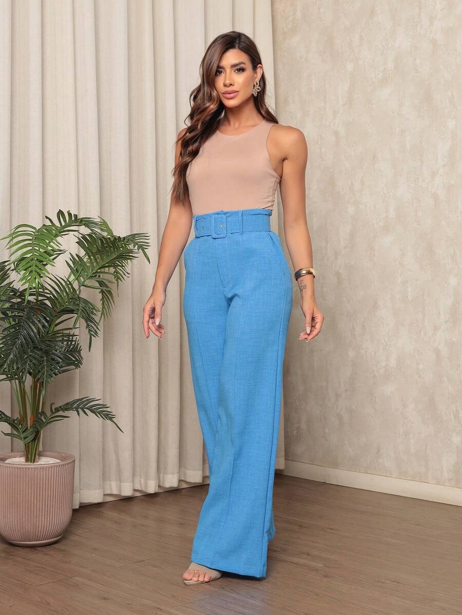 Women's Linen Material Trousers With Belt - Blue - View 1