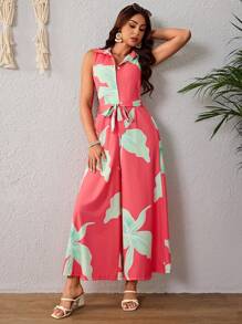 Elegante Mono De Piernas Anchas Con Cinturón Para Mujer,Mono Sin Mangas Con Media Tapeta De Botones y Solapa,Mono De Estampado De Flores De Verano - Rosado Sandía - Ver 7