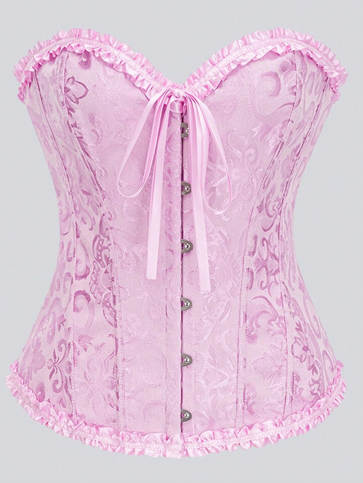 Women Floral Jacquard Frill Hem Bustier Crop Top, Bodycon