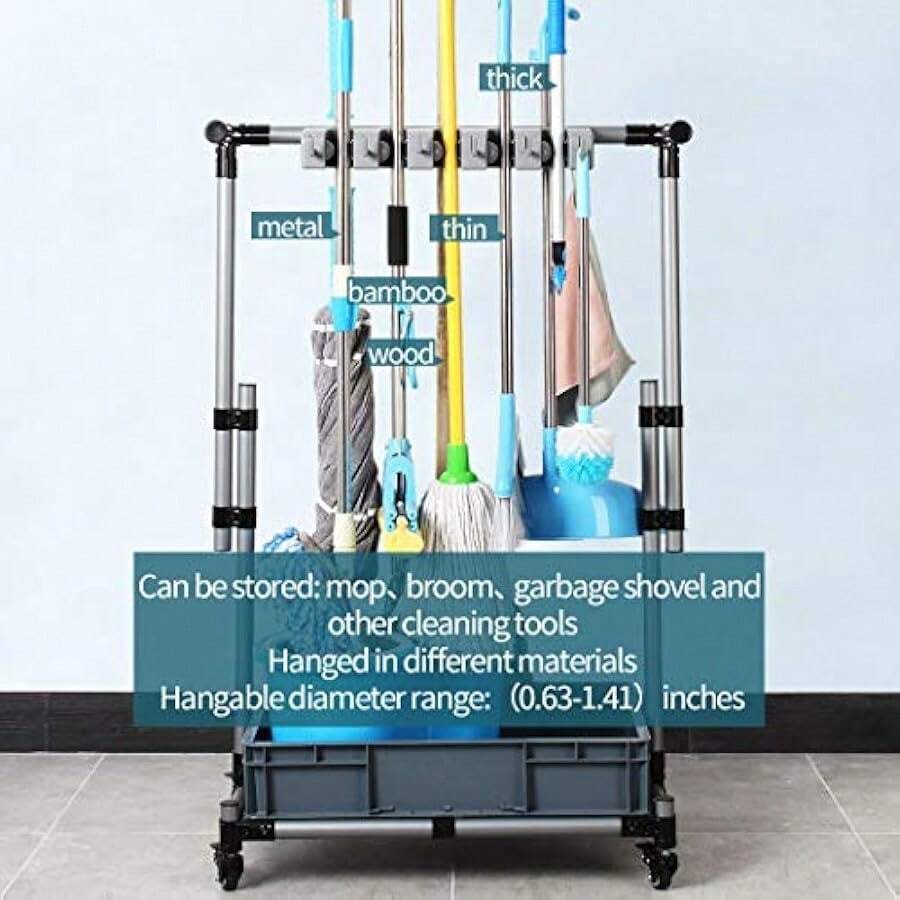 QTJH Mop And Broom Holder Put Wet Mops Movable Floor-Mounted Mop Rack ...