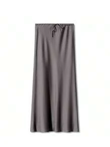 Satin Maxi High Waist Skirt For Women Solid Color Drawstring A Line Skirts - Xám - Xem 5