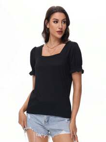KAHULE Tops For Women Square Neck Summer Casual Ruffle Trim Sleeve  T Shirts - 黑色 - 查看 5