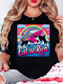 Oversized Style For Women, Eat The Rich Tshirt, Whale Tshirt, 90s Orca Funny Whale Yacht, Eat The Rich Whale V3, 90s Animal Retro Tee, Loose Type Shirt For Women, Perfect For Holiday Parties Or Gift Giving, Soft And Comfortable - 黑色 - 查看 2