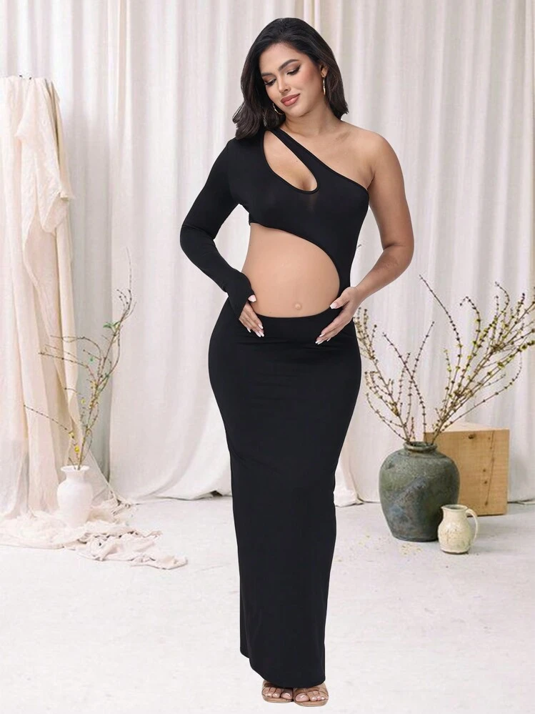 open lace back dress One-Shoulder Maternity Bodycon Dress- Black main image 0