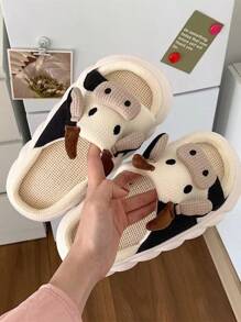Modelos para hombre y mujer de zapatillas de casa de algodón y lino, zapatillas de casa de dibujos animados de vaca - Beis - Ver 7