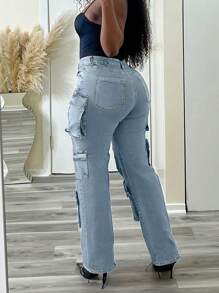 Women's Workwear Denim Pants With Side Flap Pockets, Everyday Casual Washed Straight Leg Pants - 淺色水洗藍 - 查看 3