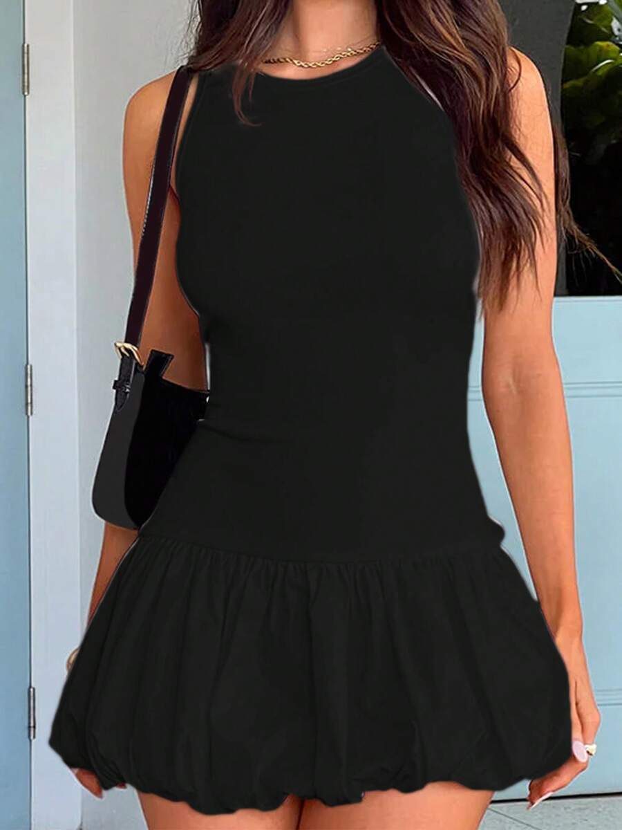 Women's Short Bubble Dress Fashion Sleeveless Round Neck Solid Color Bodycon Mini Dress Clubwear
