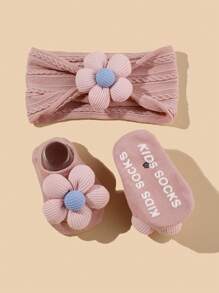 1 set Bandeau élastique en nylon et chaussettes avec décor floral pour bébé/tout-petit - HB134 vieux rose - Voir 4