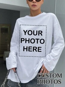 定制个性化礼品、定制女士 T 恤、添加您的照片（徽章图案/公司徽标/家庭照片/自拍/宠物/情侣照片等） - 白色 - 查看 1