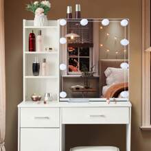 Modern Dressing Table W/ LED Lights Mirror Vanity Make Up Stool Set For Bedroom - White - View 4